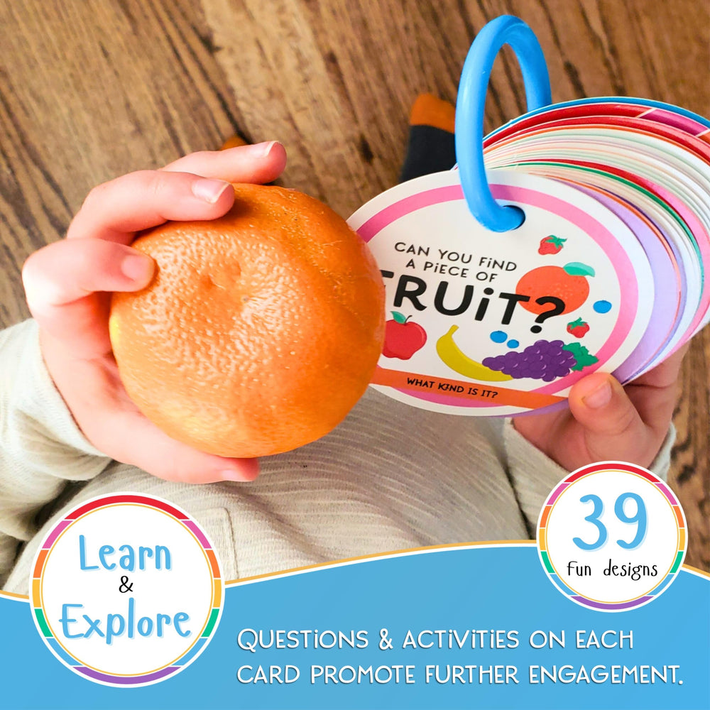 Colorful prompts introduce colors, shapes, textures, and words without screens.
