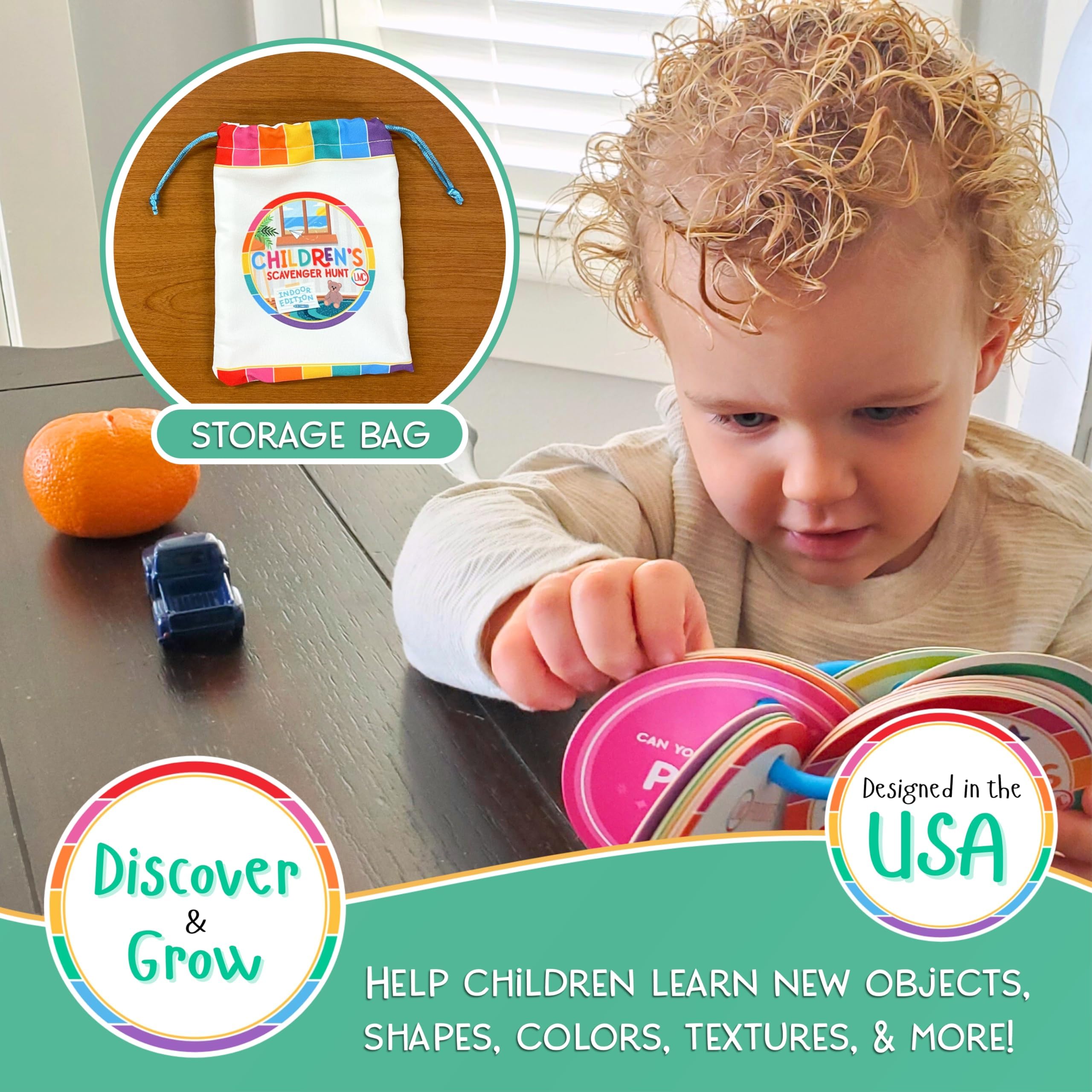 Thick double-sided cards withstand toddler handling during interactive learning.