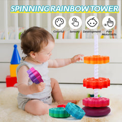 LMTNNB rainbow discs stacked to build fine motor skills during play.