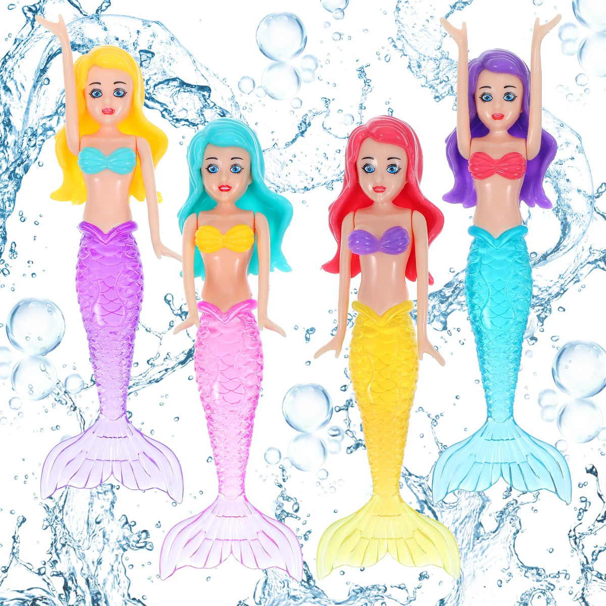 Lnngub mermaid diving toy set 4pcs in vibrant colors for engaging bath and pool play.