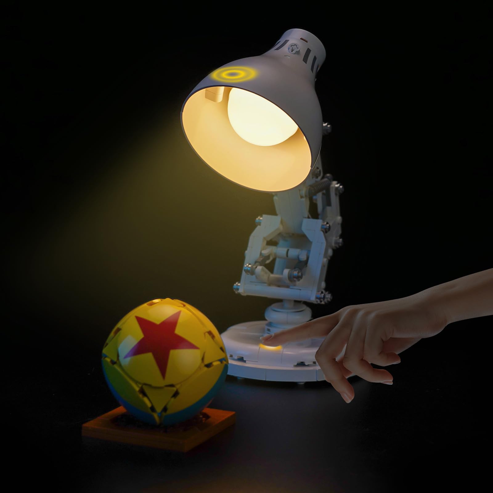 LocoLee touch light kit front view illuminating Luxo Jr for display enhancement