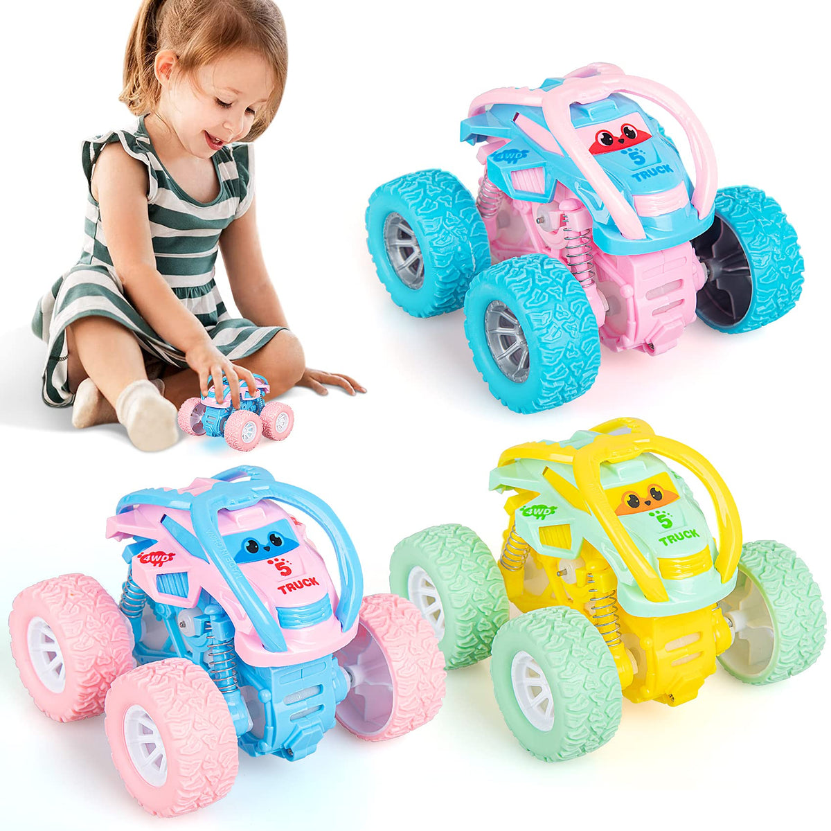 lodby stunt cars 3-pack in pink blue green for engaging, battery-free play.