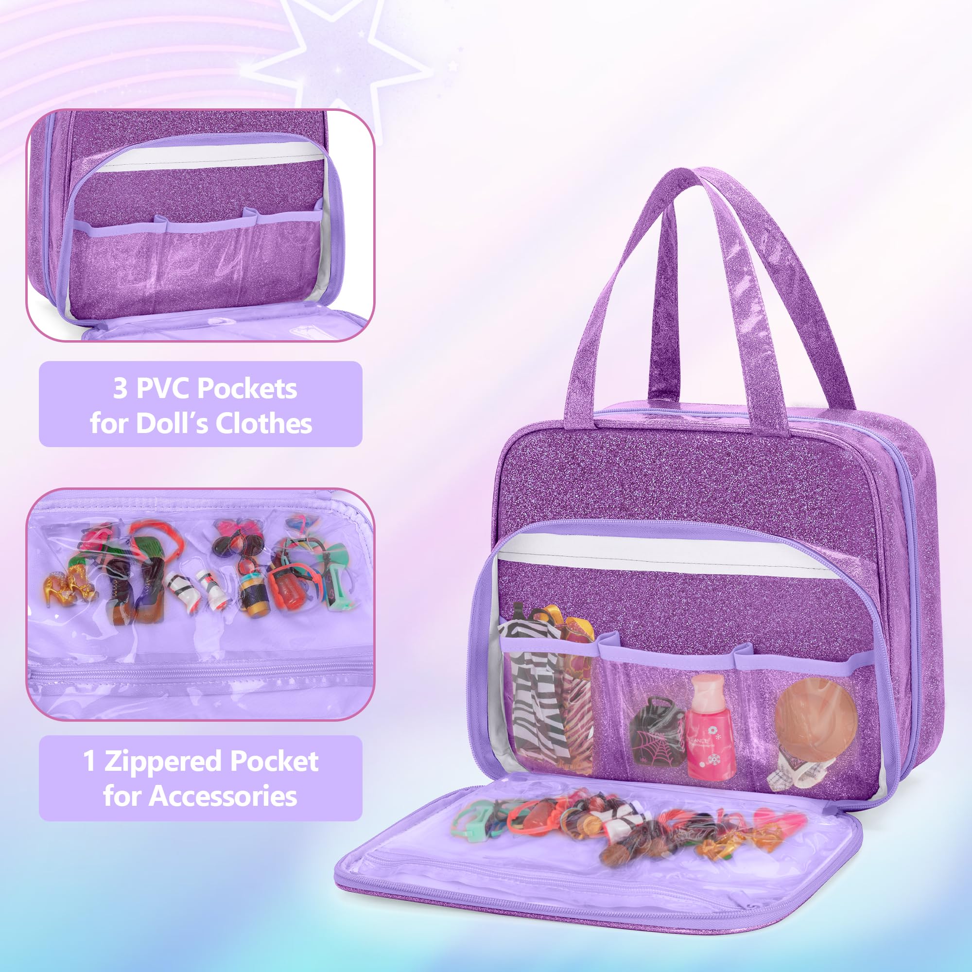 Purple LoDrid tote-style doll bag with front pocket for accessories