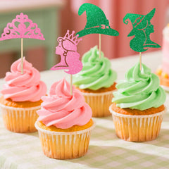Loghohu crown and bow cupcake topper in pink-green enhances princess-witch party treats
