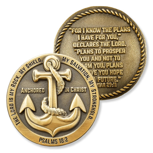 LOGOS COINS Anchored in Christ prayer coin back featuring Jeremiah 29:11 for encouragement.