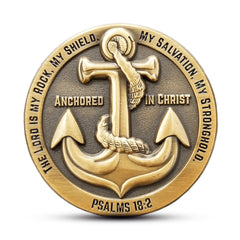 LOGOS COINS Anchored in Christ prayer coin front with anchor and Psalm 18:2 for inspiration.