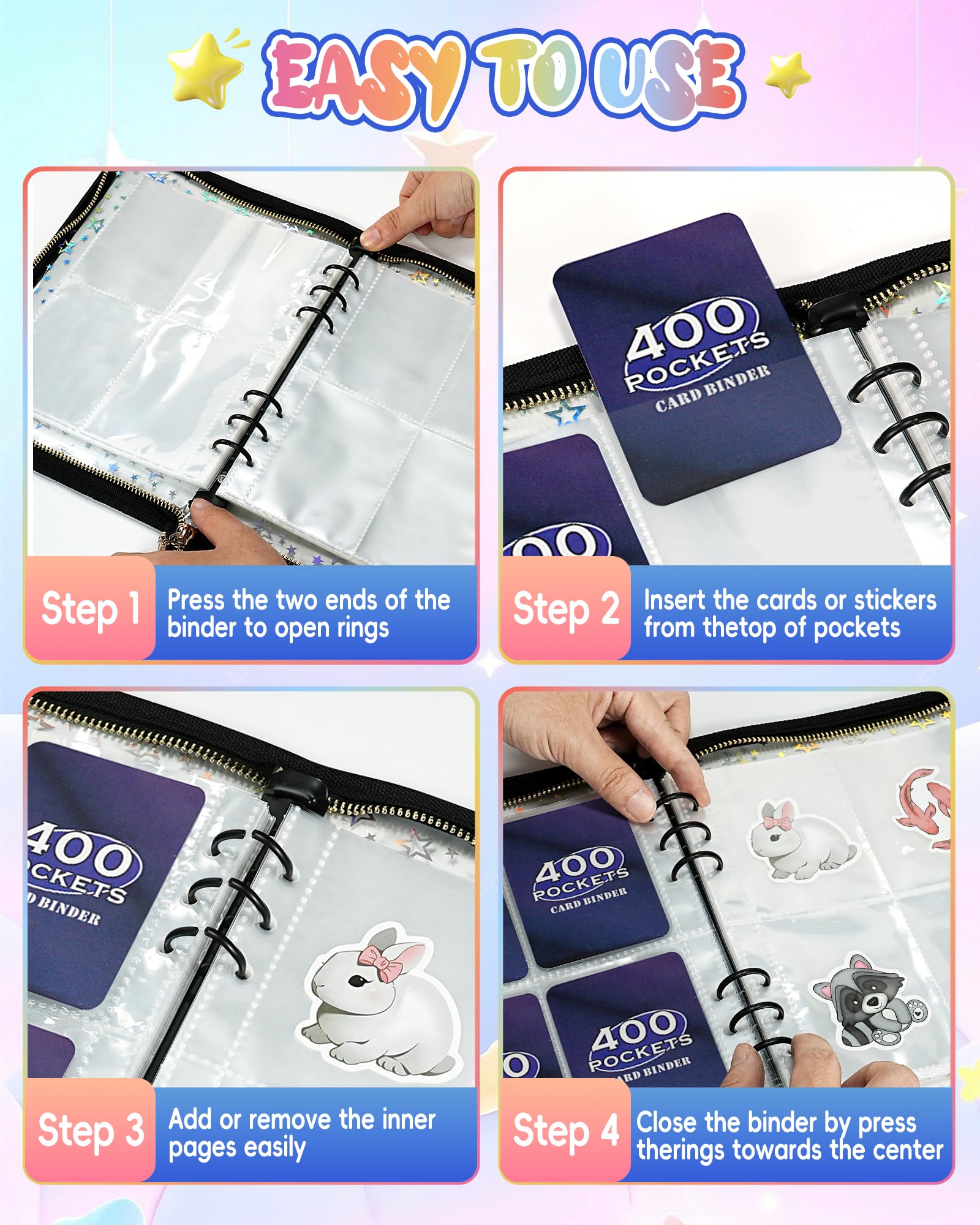 Loiuvos 50 double-sided 4-pocket sheets hold up to 400 cards.