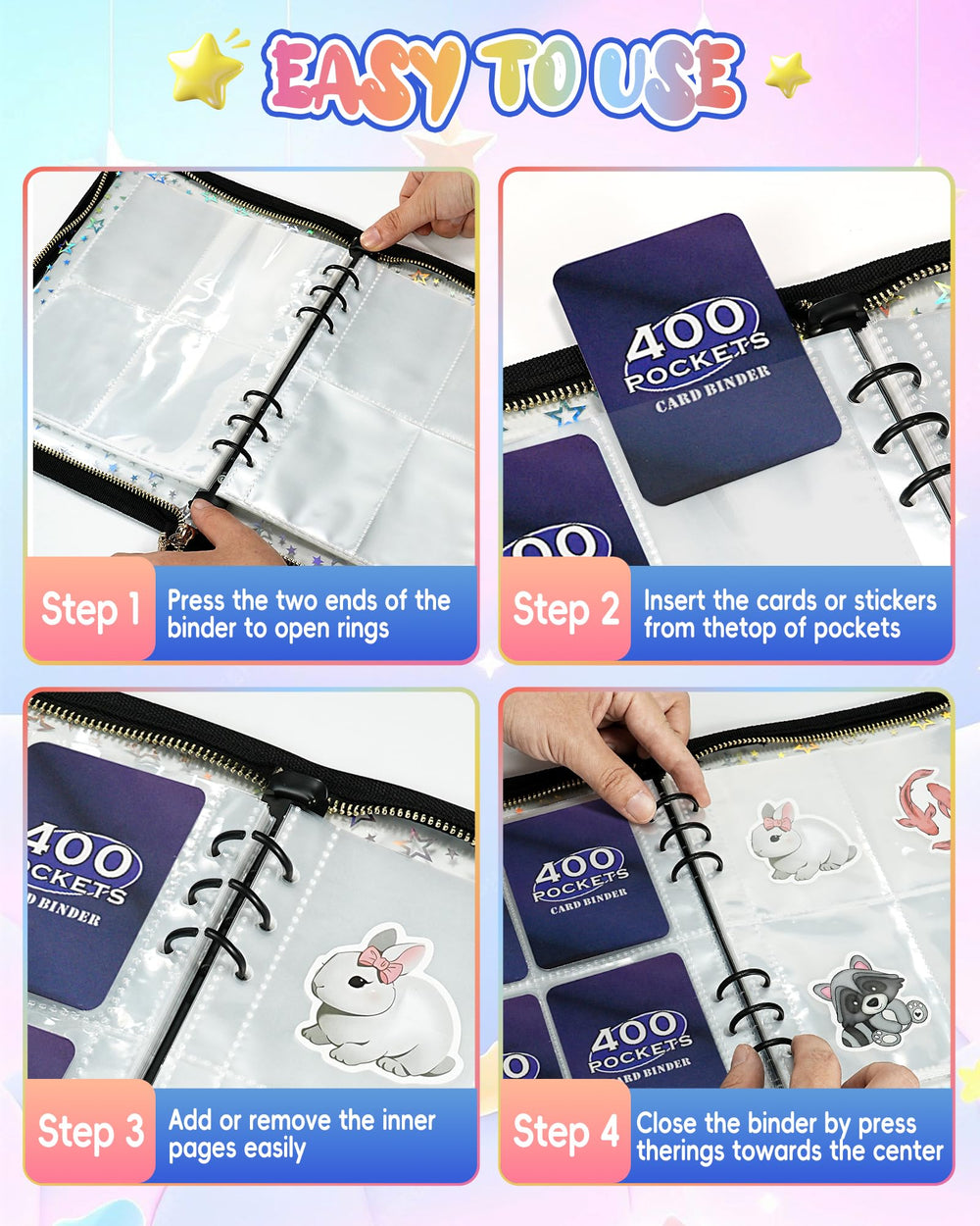 Loiuvos 50 double-sided 4-pocket sheets hold up to 400 cards.