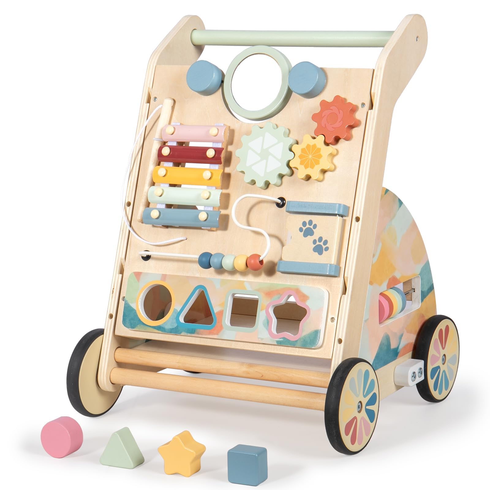 LOL-FUN wooden walker with detachable busy board for seated exploration and play.