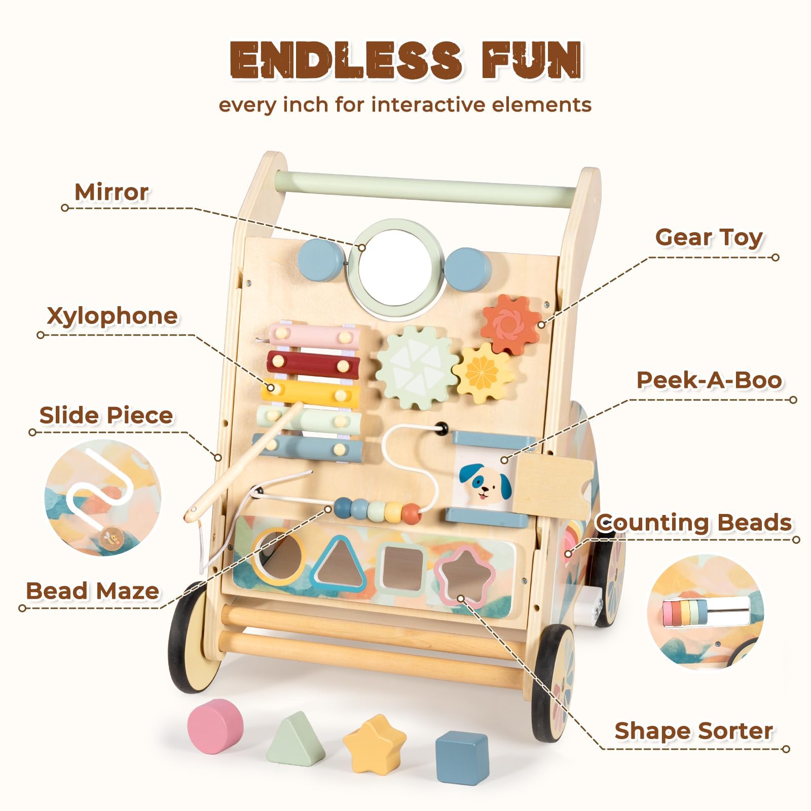 LOL-FUN walker featuring gear toy to boost fine motor skills.