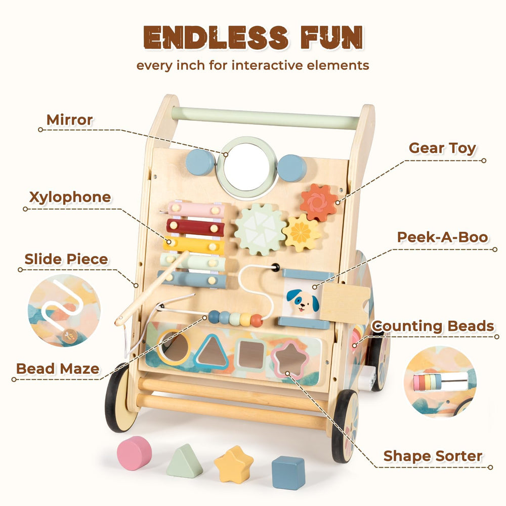 LOL-FUN walker featuring gear toy to boost fine motor skills.