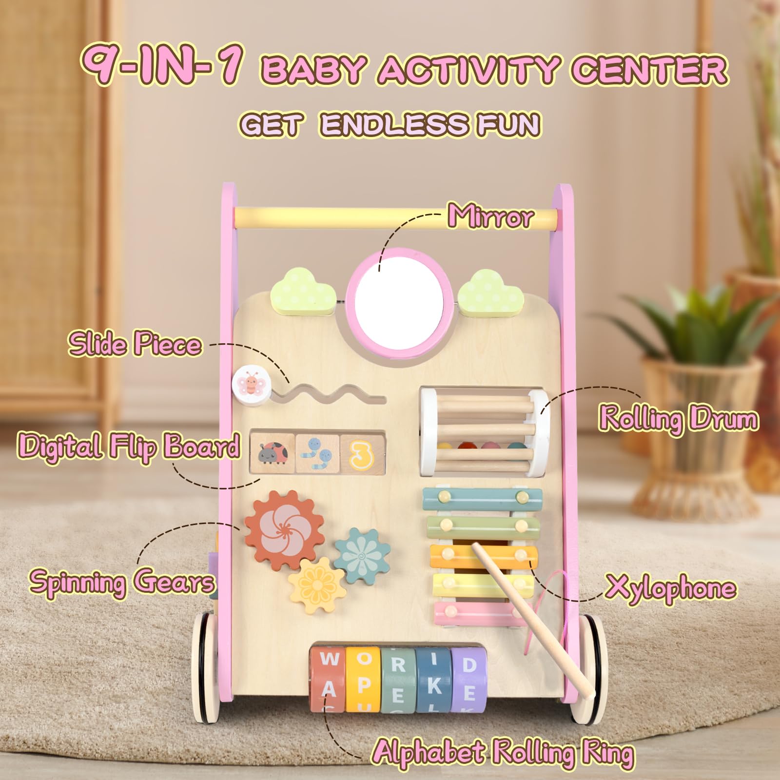 LOL-FUN wooden baby walker activity center with nine features for exploration