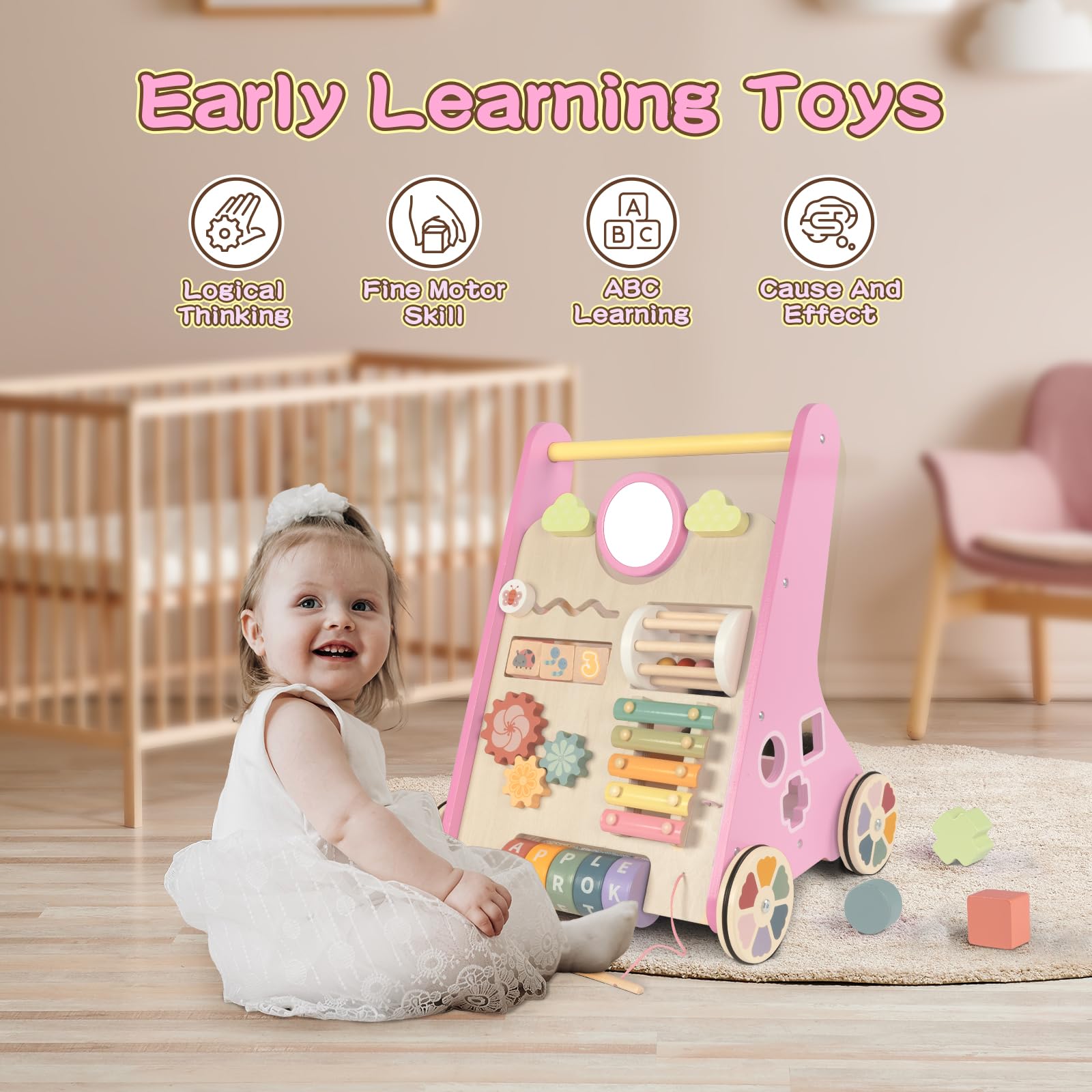 LOL-FUN wooden baby walker mirror encourages self recognition during play