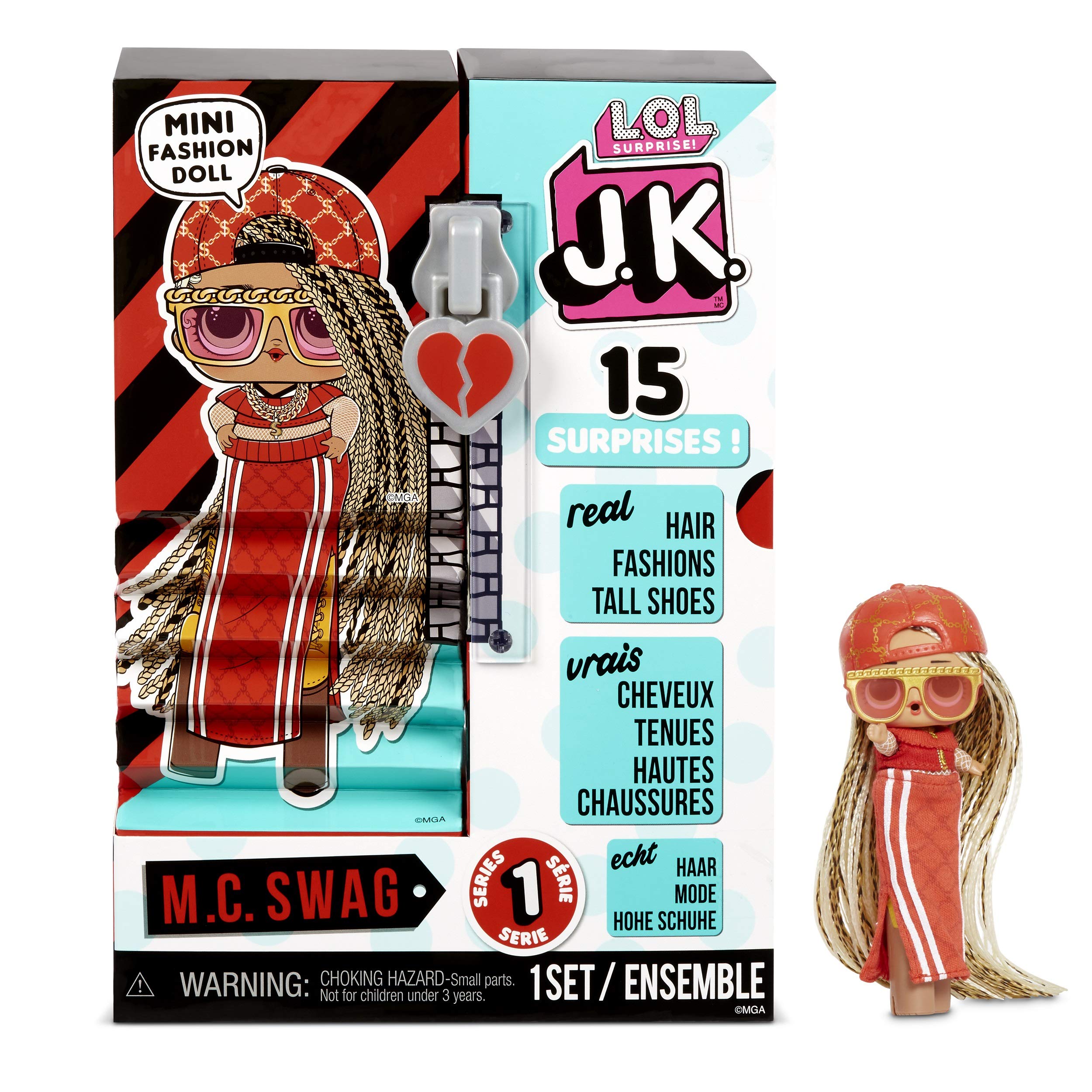 L.O.L. Surprise! JK MC Swag mini doll with real hair for creative dress-up play.