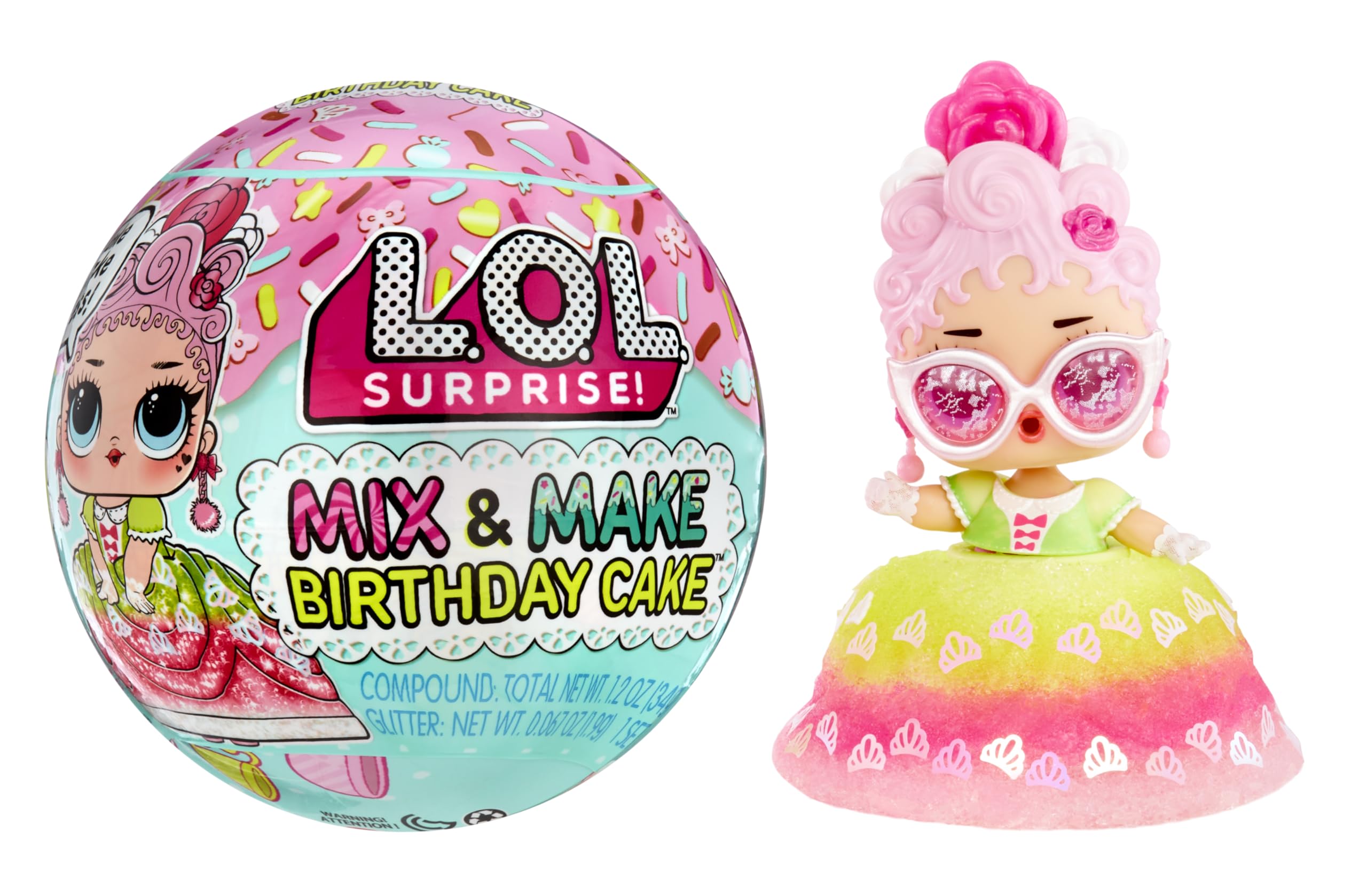 L.O.L. Surprise! Mix & Make Birthday Cake Tot ingredients sparkle for creative dress design.