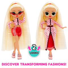LOL Surprise OG Swag doll transforming skirt reveals red shorts for two outfits.
