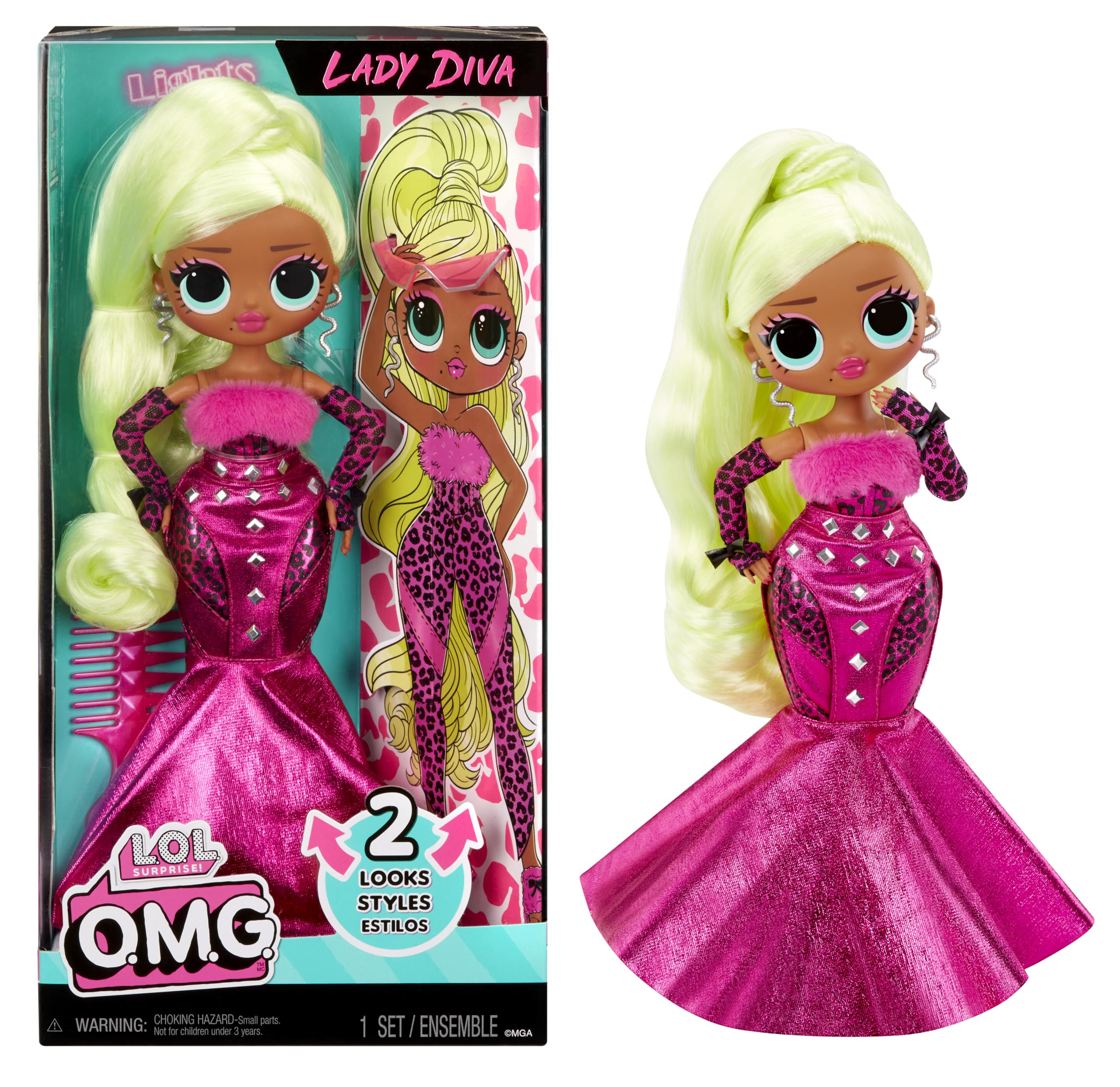 LOL Surprise OMG Lady Diva outfit with cheetah-print top and pink fur for imaginative fashion play
