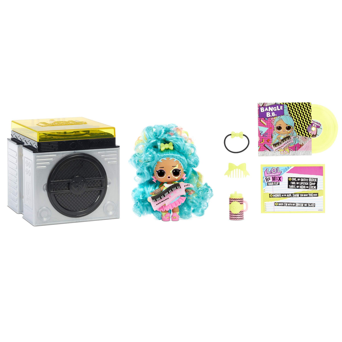 L.O.L. Surprise! Remix Hair Flip doll in unboxing with music-playing packaging