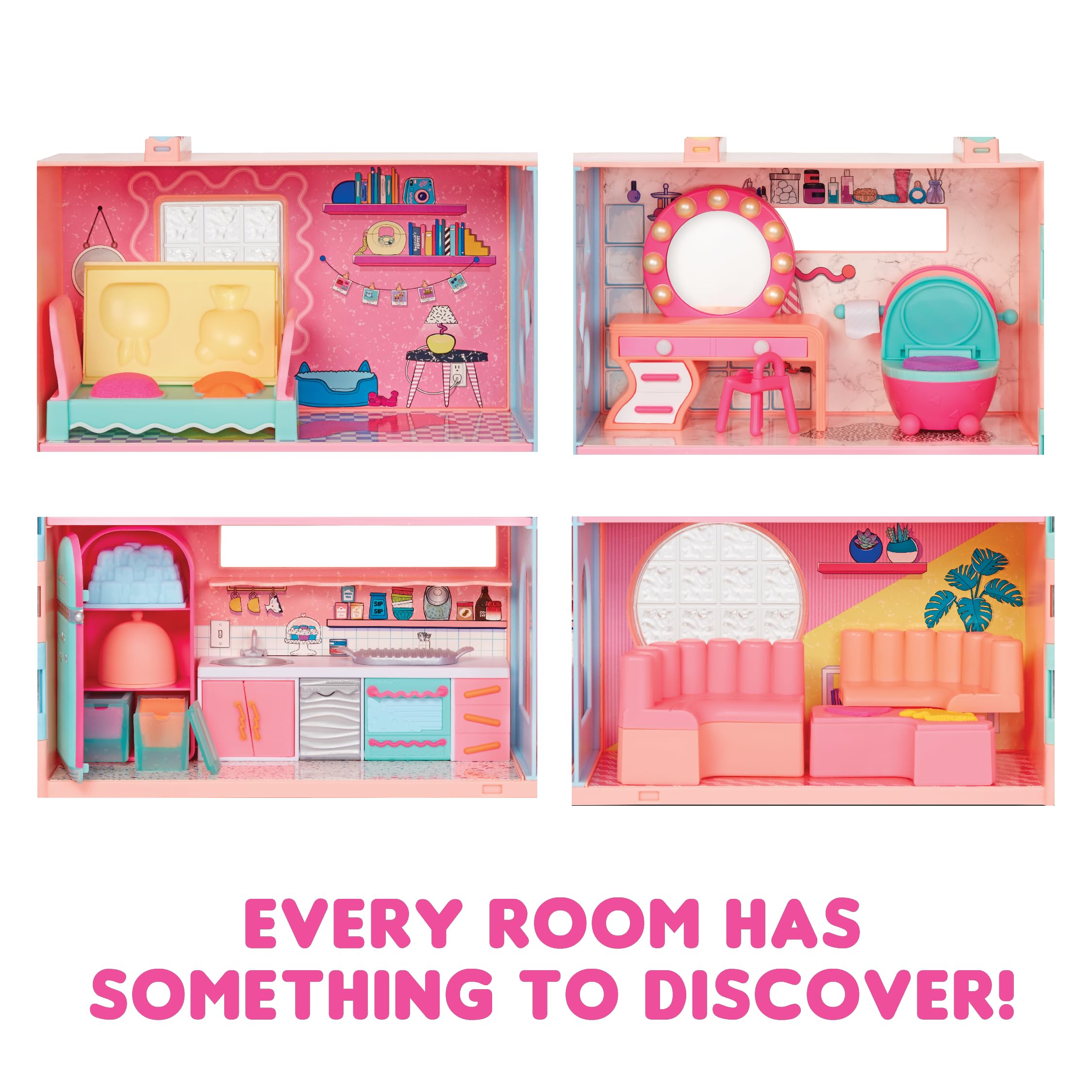 Six rooms and furniture pieces spark varied pretend-world scenes.