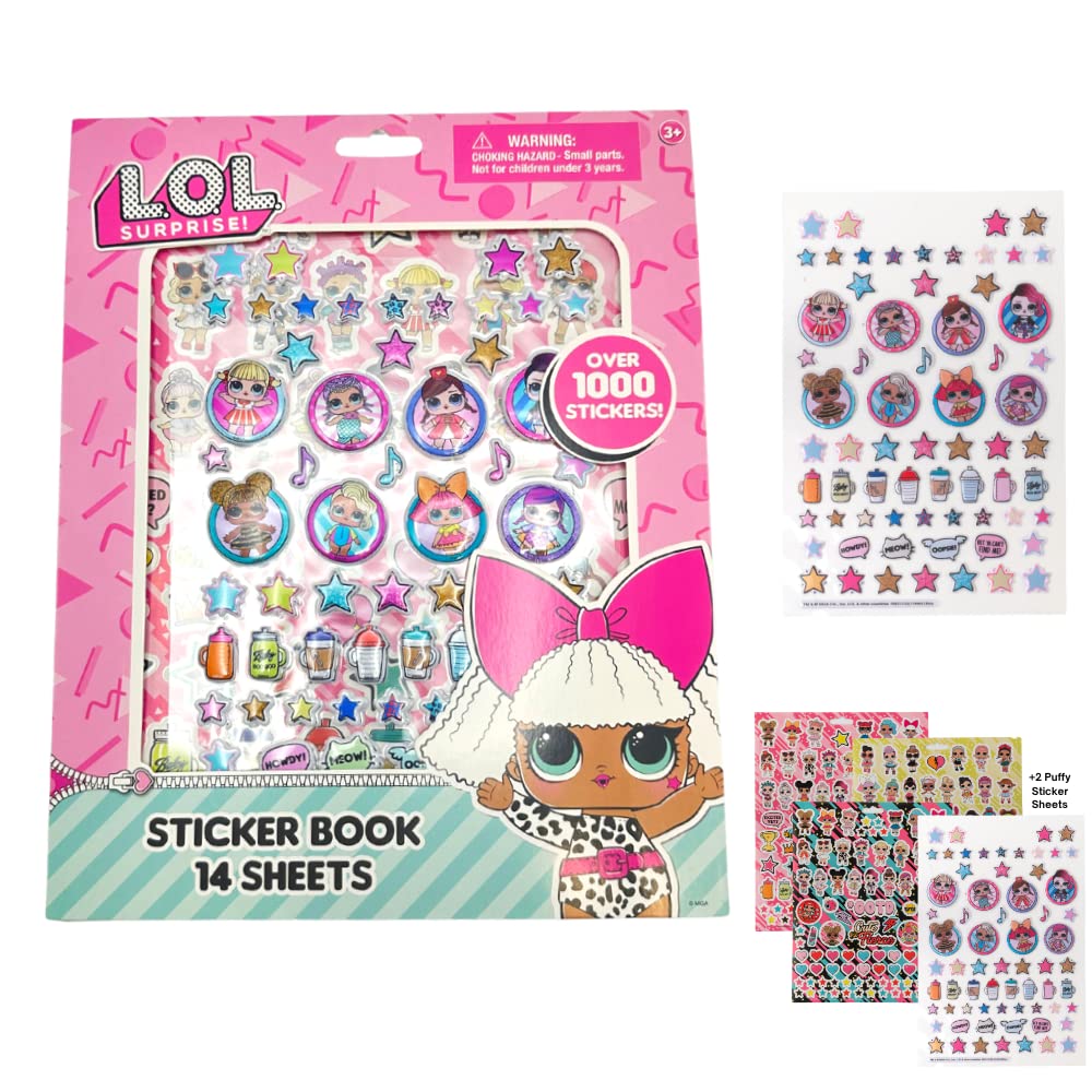 LOL Surprise sticker book with 14 sheets for decorating notebooks and school folders.