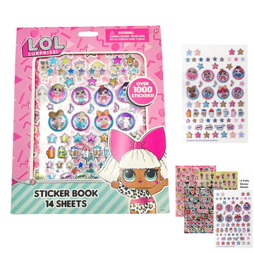LOL Surprise sticker book with 14 sheets for decorating notebooks and school folders.