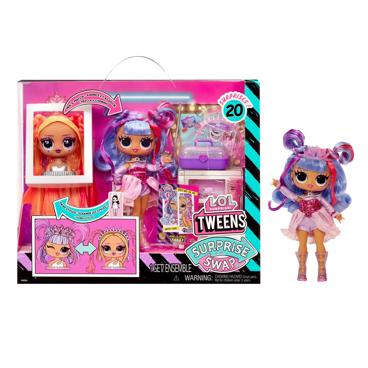 L.O.L. Surprise Bailey styling head swap enables endless hair customization and play.
