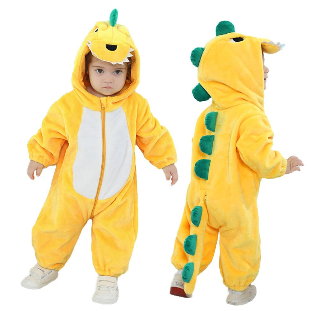 LOLANTA dinosaur hooded onesie in yellow offers warm, comfy dress-up for playful days.