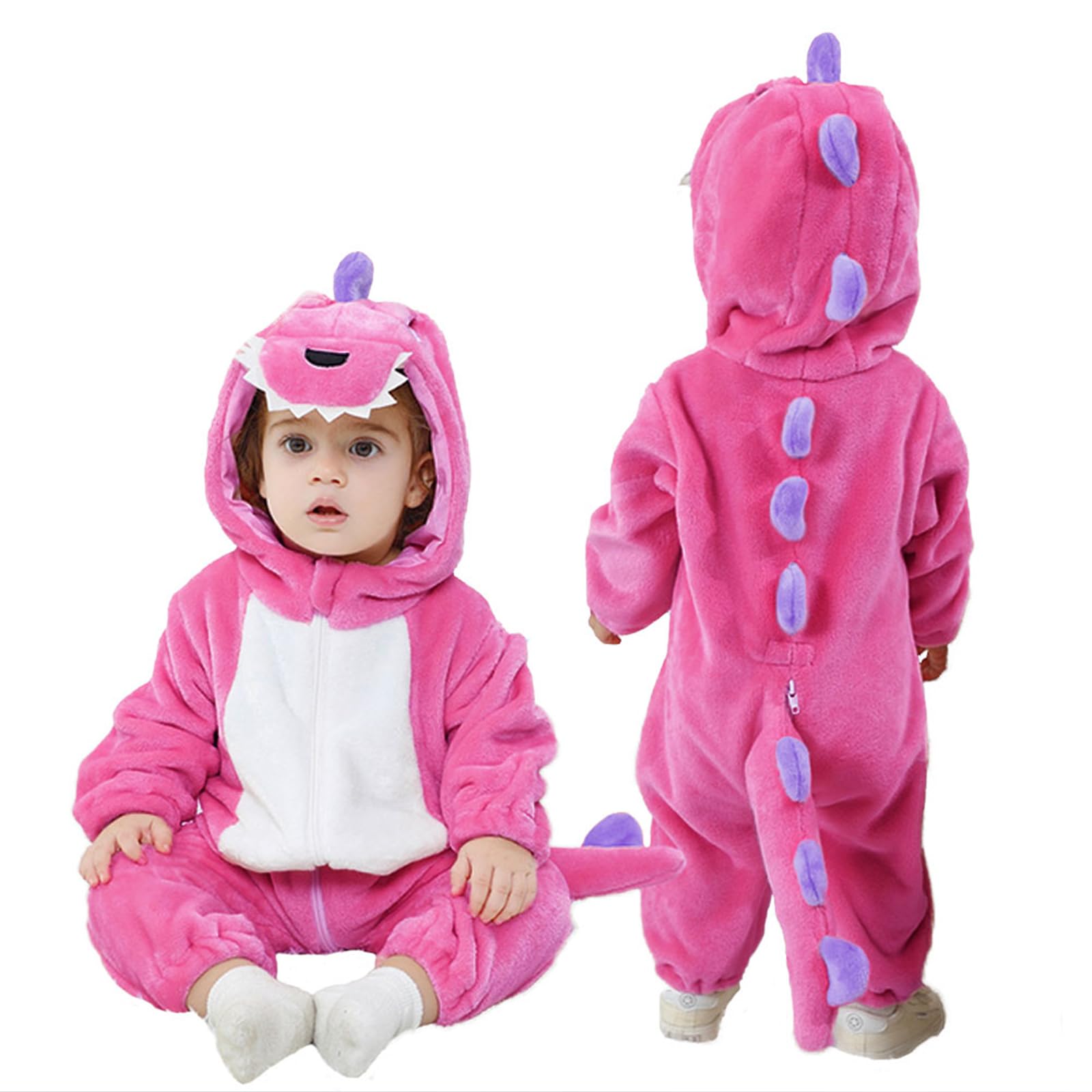 LOLANTA Dinosuar hooded jumpsuit pink front view shows cozy warmth for playtime