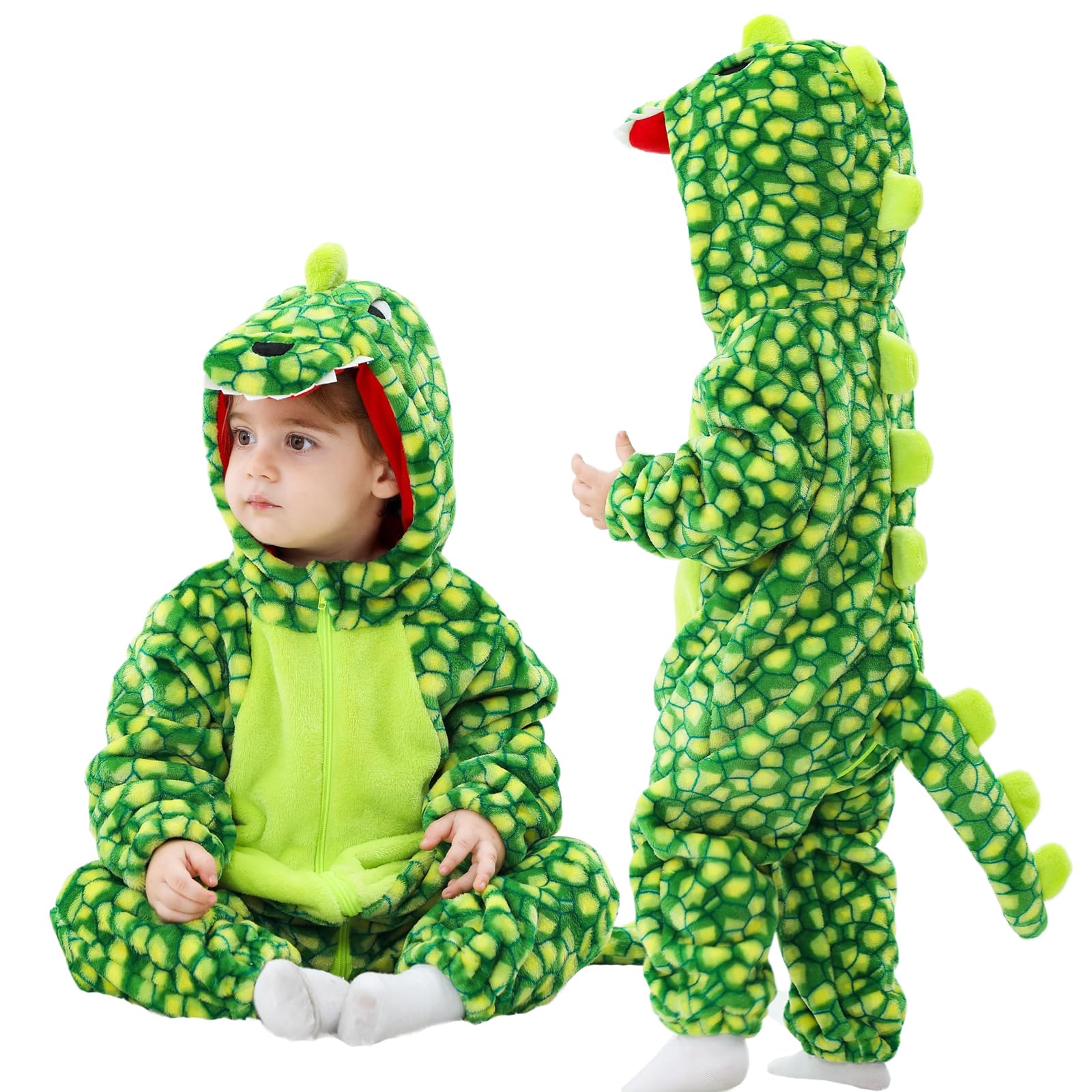 LOLANTA Dinosuar costume hooded jumpsuit in green, soft and cozy for everyday play.