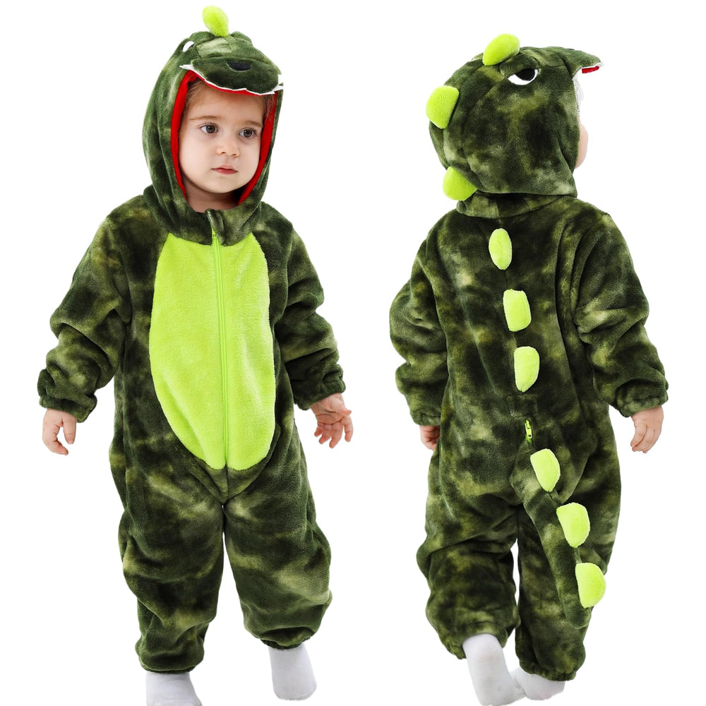 LOLANTA toddler Dinosuar hooded jumpsuit in tie-dye green for cozy indoor wear.