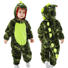 LOLANTA toddler Dinosuar hooded jumpsuit in tie-dye green for cozy indoor wear.