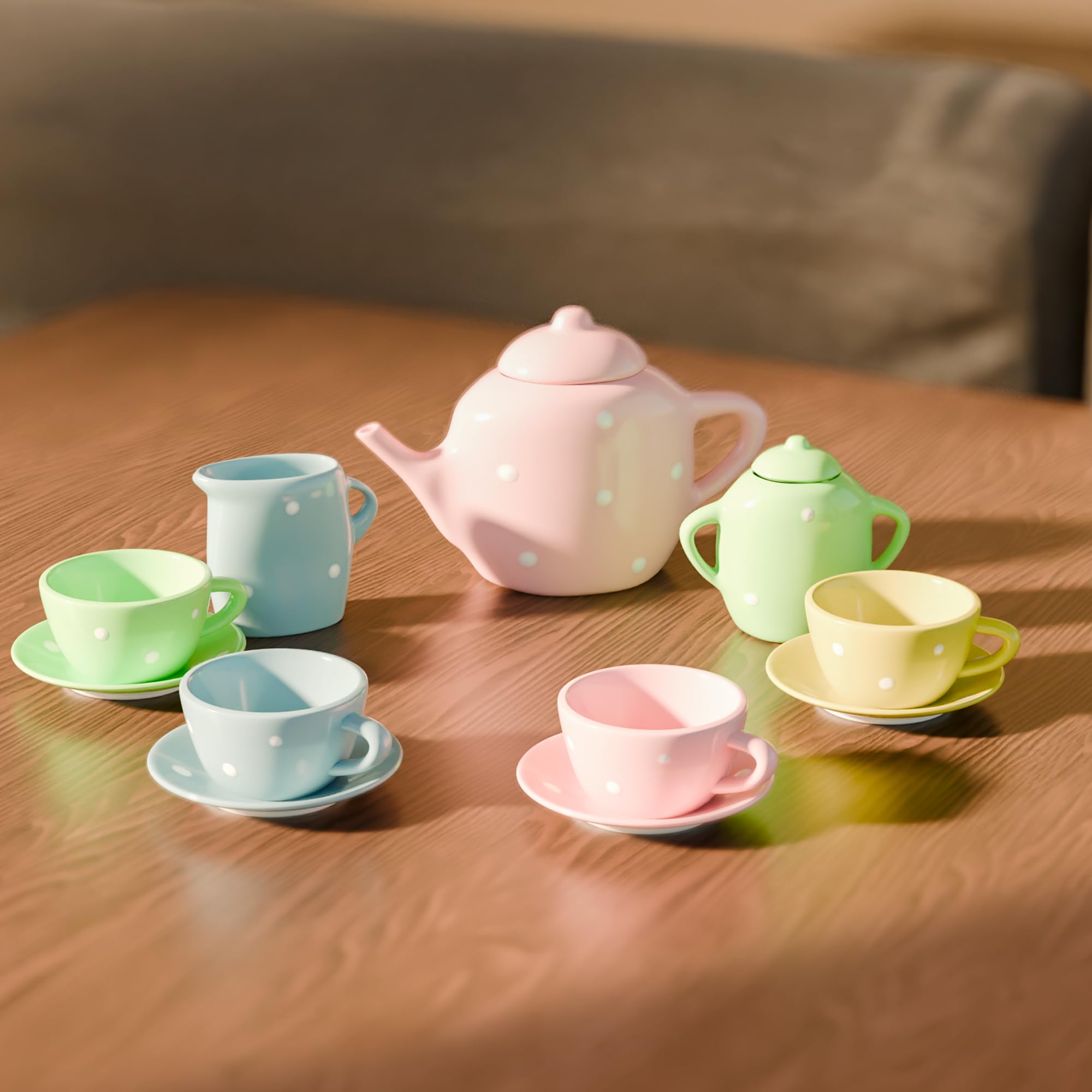 Lollipop easy-cleaning tea set simplifies cleanup after pretend tea parties.