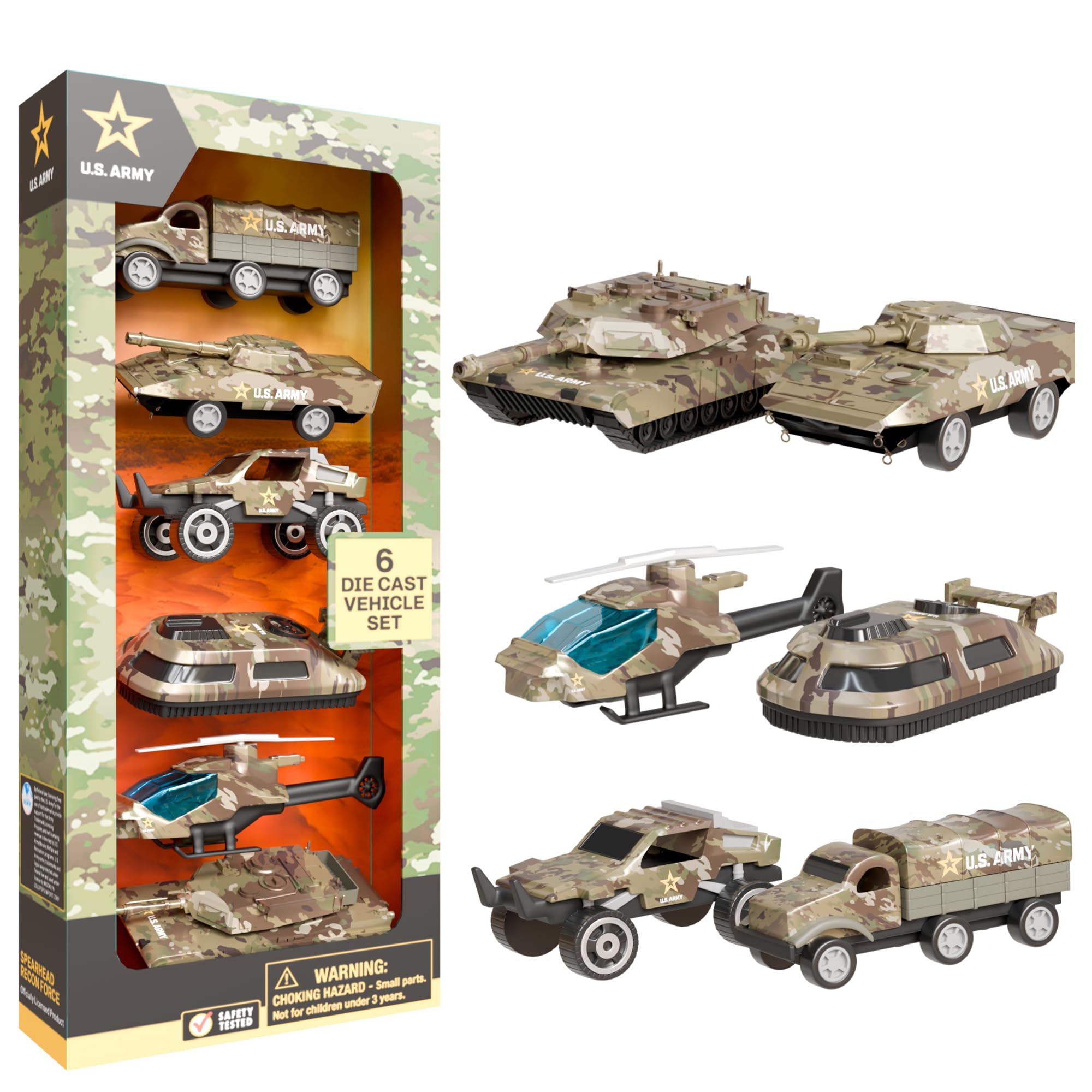 Lollipop US Army die-cast jeep; authentic design boosts imaginative missions for kids.
