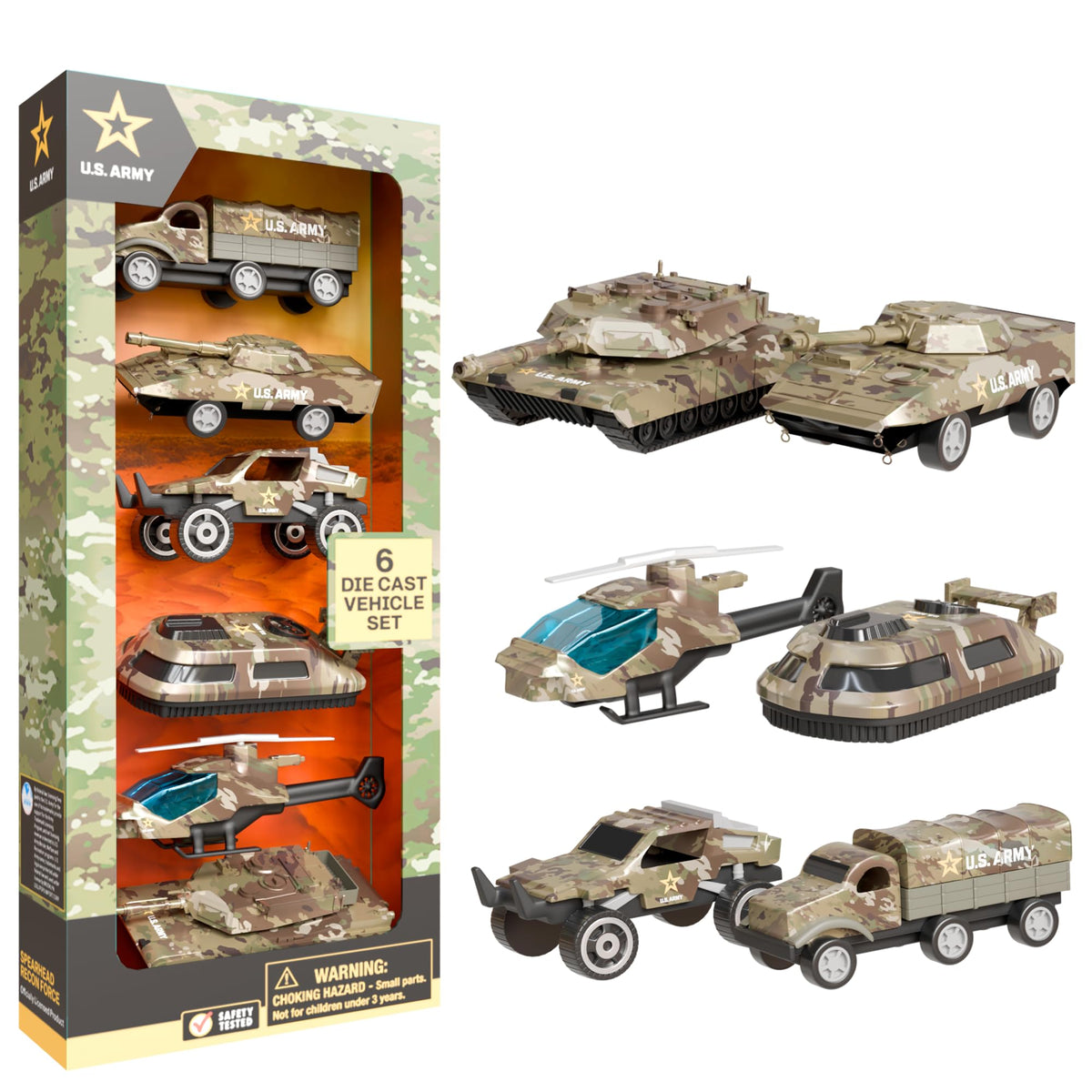 Lollipop US Army die-cast jeep; authentic design boosts imaginative missions for kids.