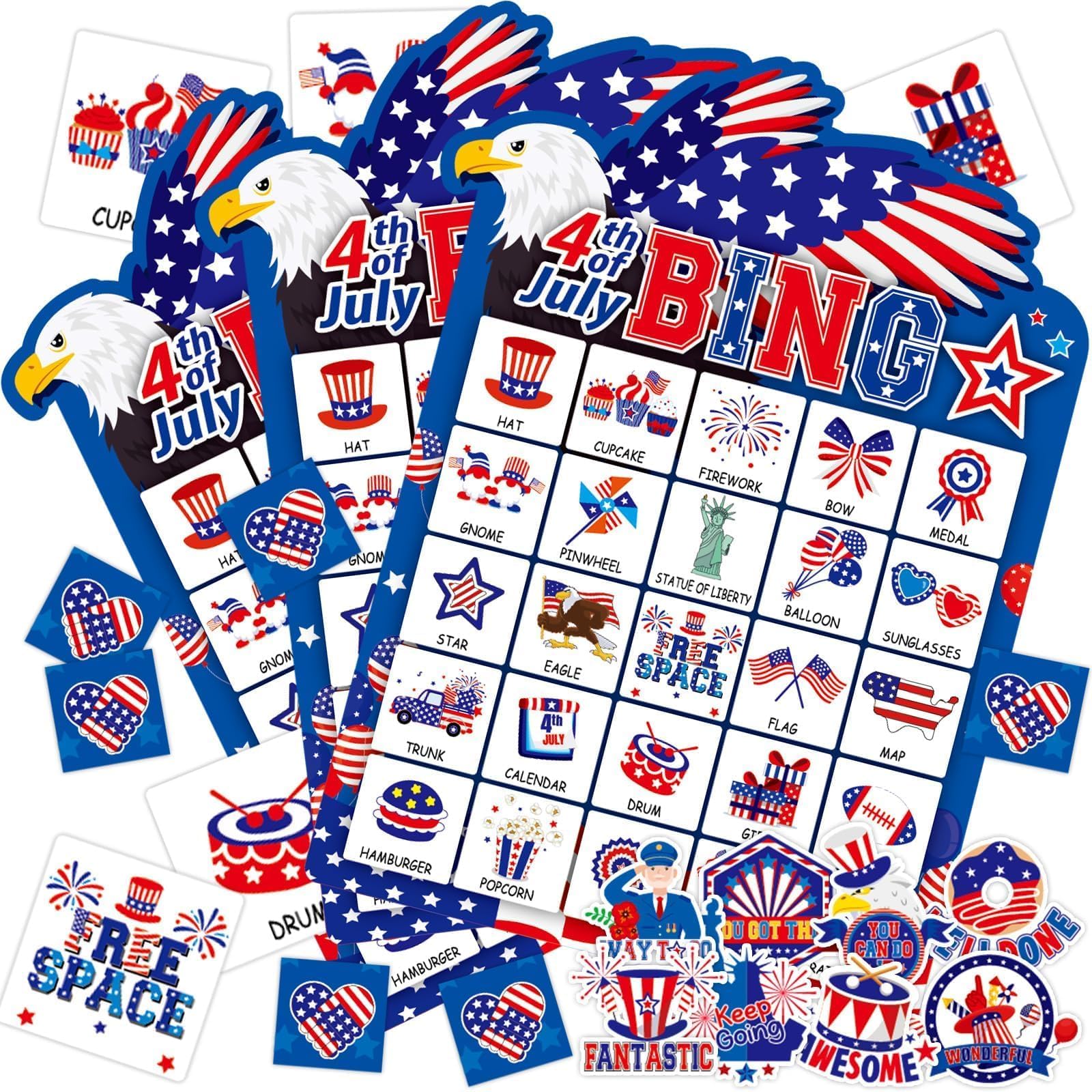 Lonfliness 4th of July bingo cards with eagle wings for a family-friendly celebration.