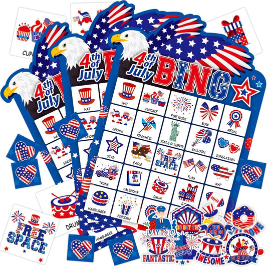 Lonfliness 4th of July bingo cards with eagle wings for a family-friendly celebration.