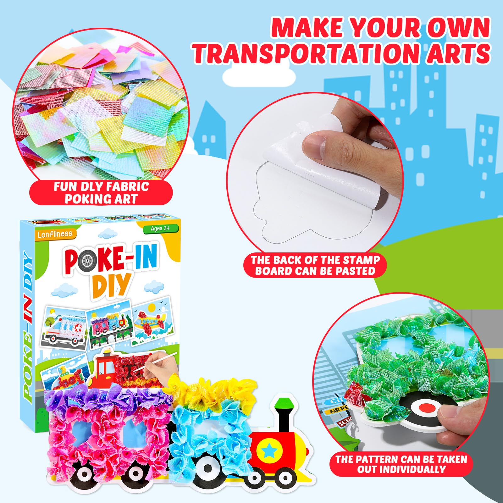 Lonfliness taxi design supports eye-hand coordination through fabric art.