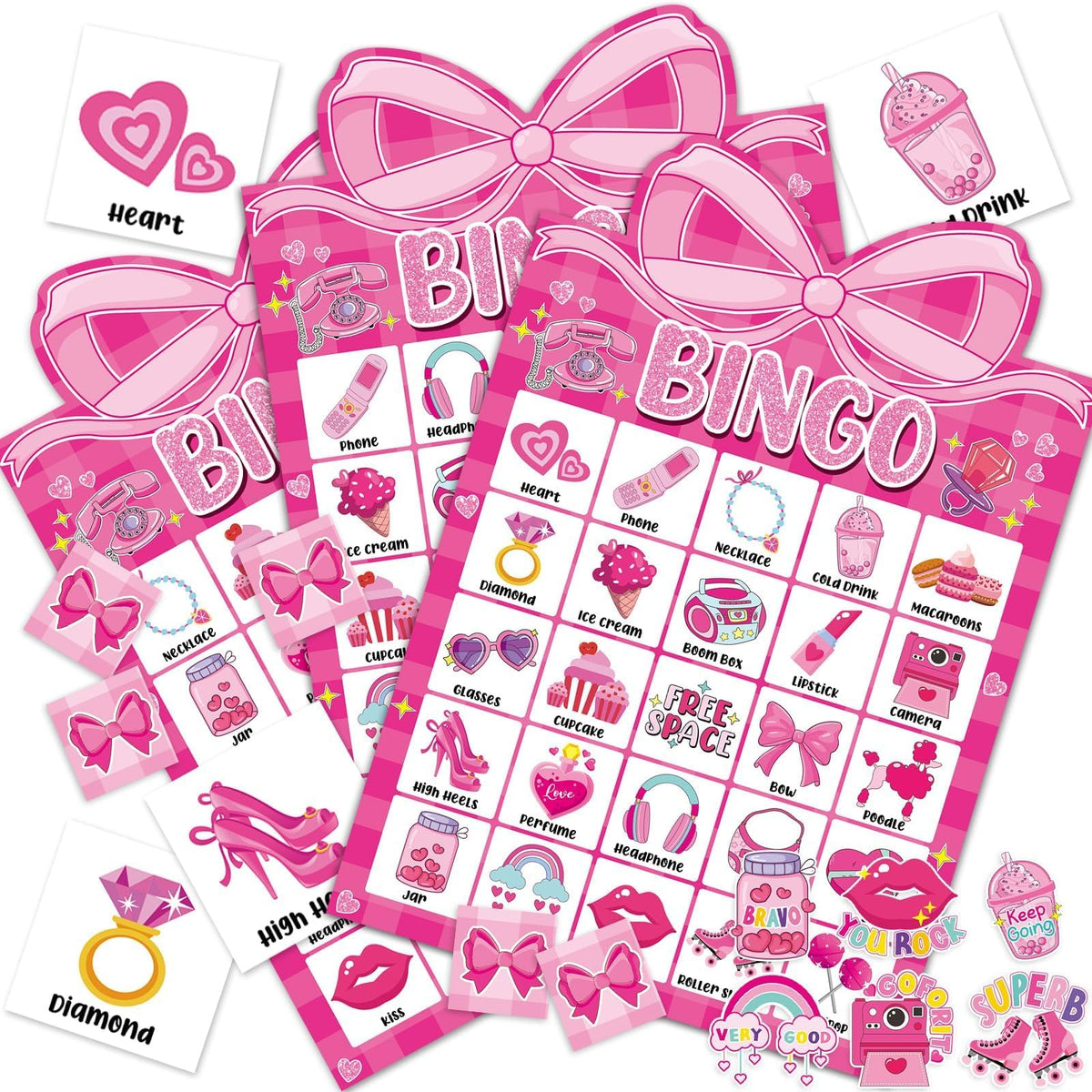 Lonfliness Pink Bow Bingo Card Set for engaging party play
