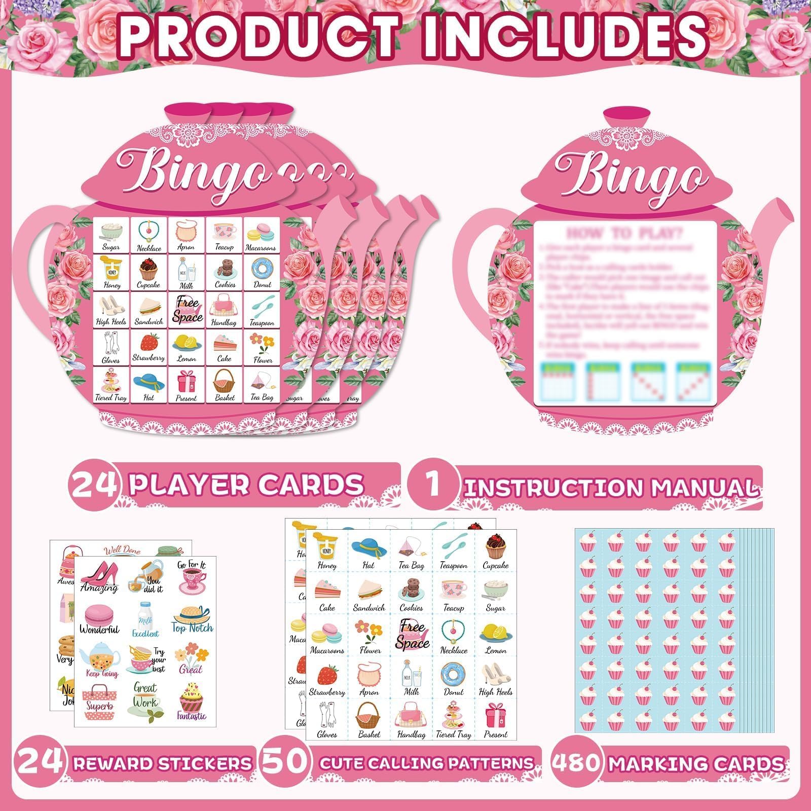 Lonfliness calling cards with floral tea terms spark conversation and learning during parties.