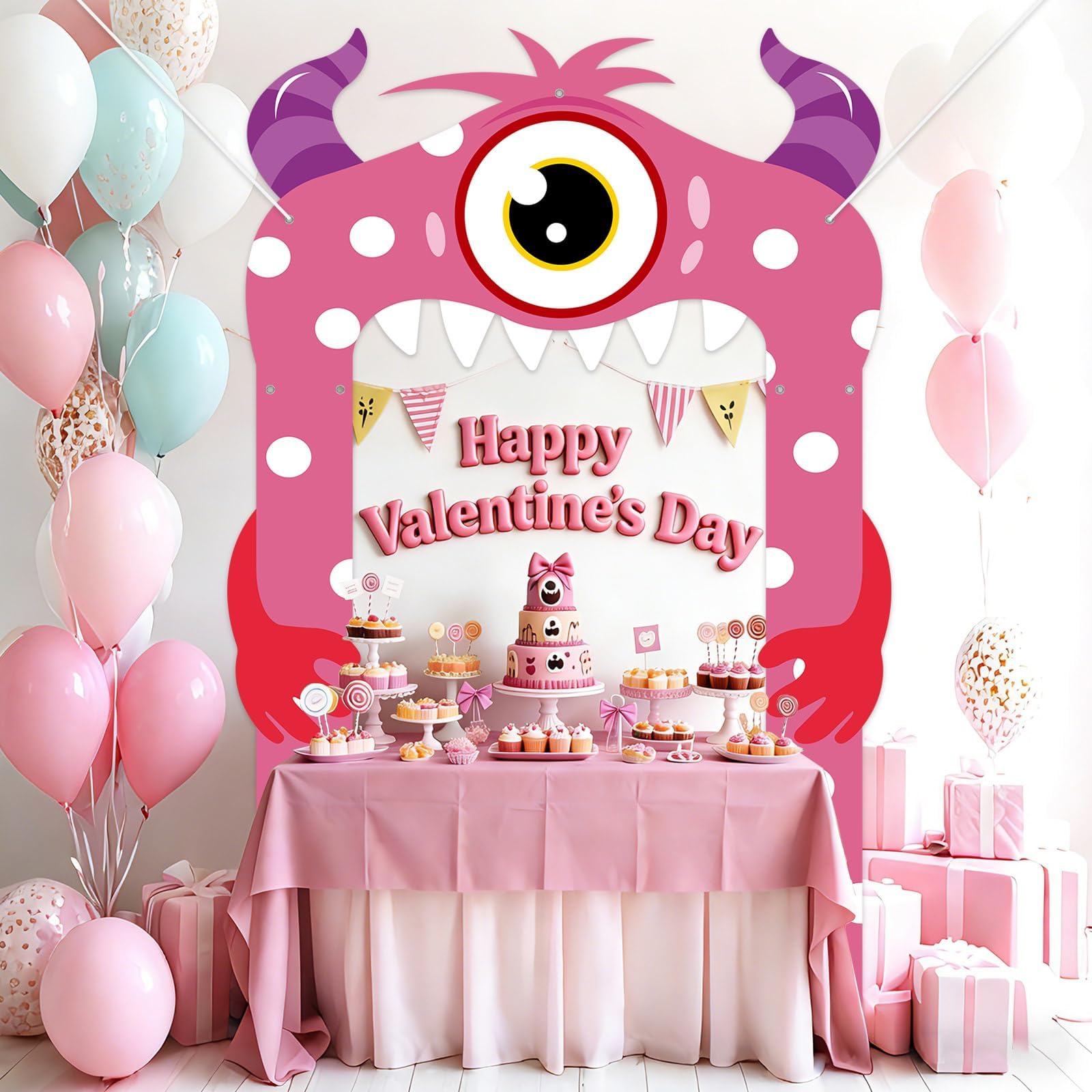 Lonfliness Valentines monster banner includes pre-cut holes and rope for easy hanging.