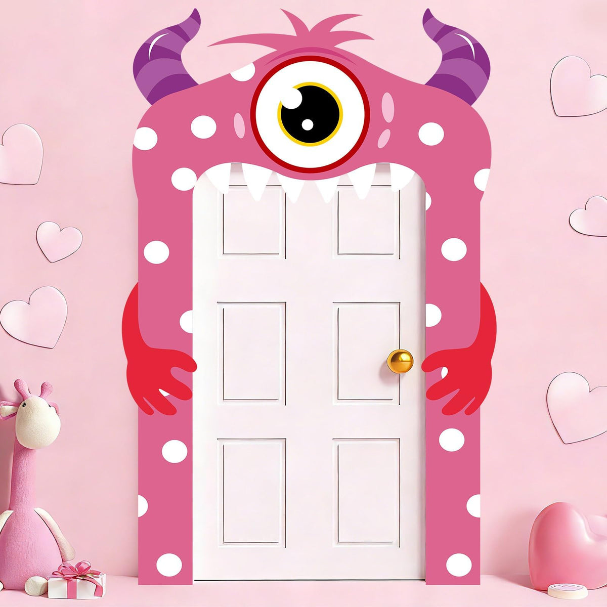 Lonfliness Valentines monster banner shows a pink polka-dotted monster for door display.