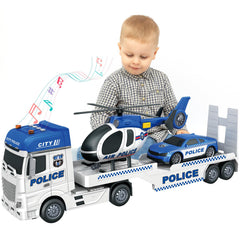 Lonfypeng police truck semi-trailer with racing car and helicopter for immersive play.