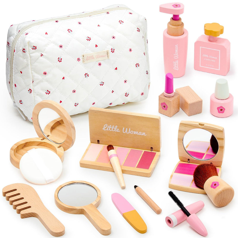 Lonico wooden makeup bag with accessories for imaginative dress-up play