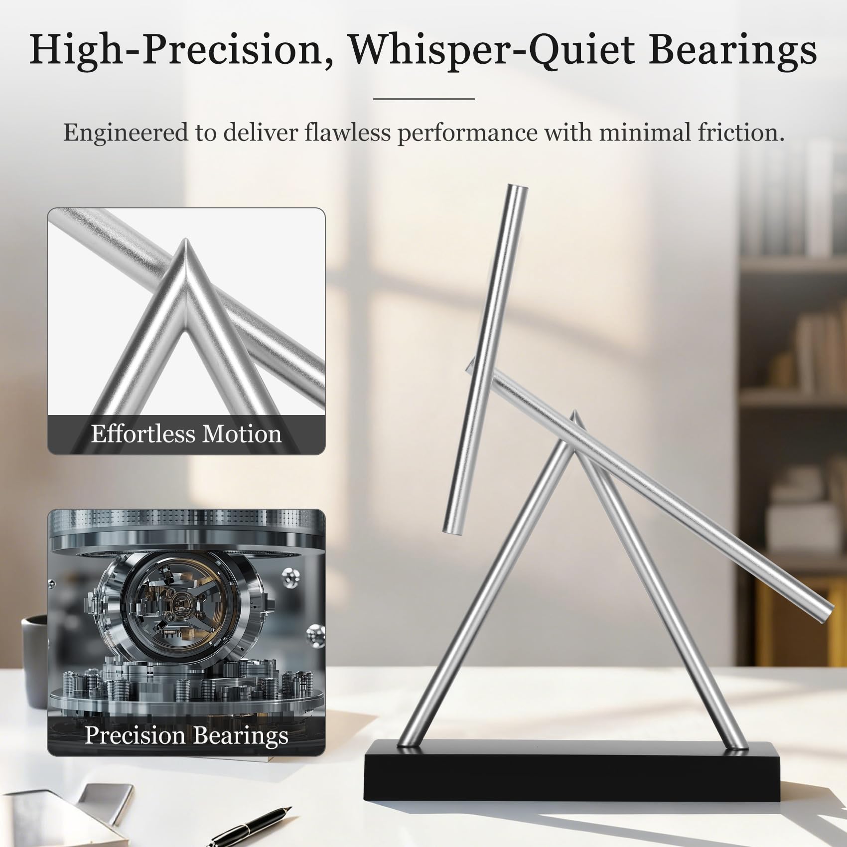 Lonsge silent metal kinetic desk toy in action as a focal point