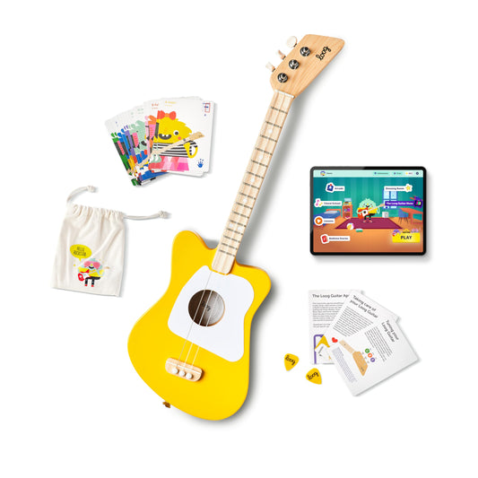 Loog Mini front view highlights 3-string design for easy learning.