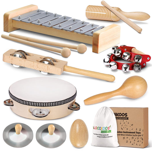 LOOIKOOS toddler musical instruments wooden set with storage bag for easy cleanup