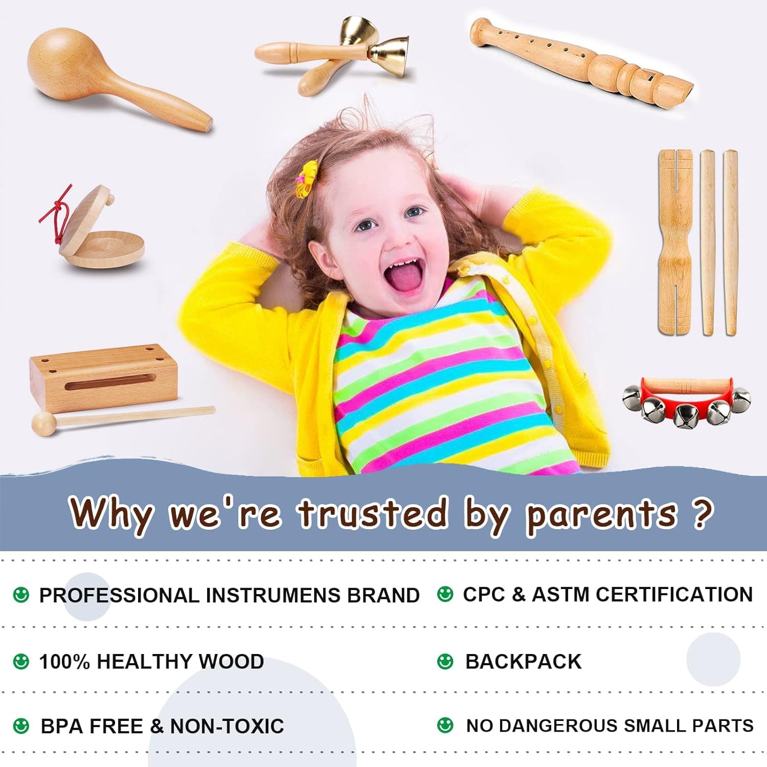 LOOIKOOS toddler wooden shaker promotes rhythm and cooperative play.