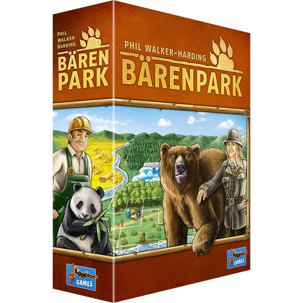 Lookout Baerenpark board game setup highlights a colorful game box and components for family play.