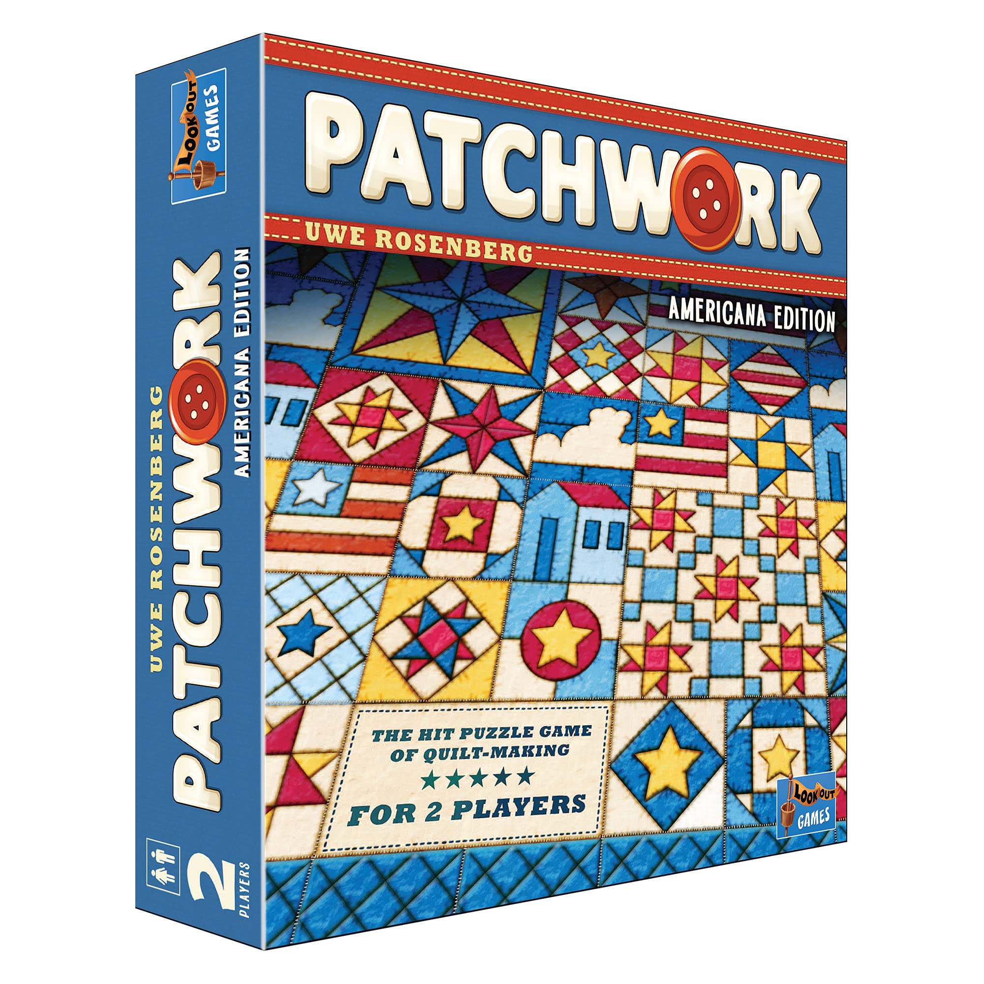 Lookout Patchwork Americana Edition board game cover with vibrant Americana art for family-friendly play.