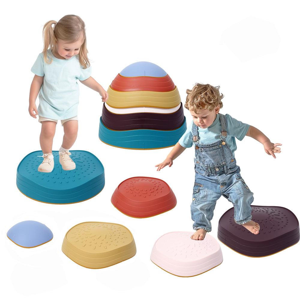 LoomLark Balance stepping stones colorfully arranged set aids color recognition and coordination.